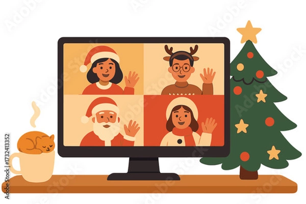 Fototapeta Video conference on Christmas holiday. People group in costumes meeting online. Friends talking on video call with Santa. Computer screen with cat and tree. Flat vector concept.