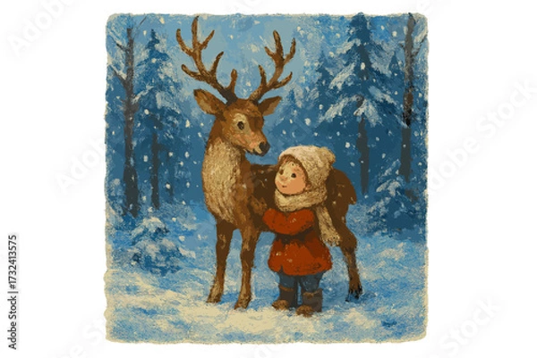 Fototapeta Cute child hugging a friendly deer in a magical winter forest. Christmas fairytale illustration. Concept of friendship, kindness, and human connection with nature and animals.