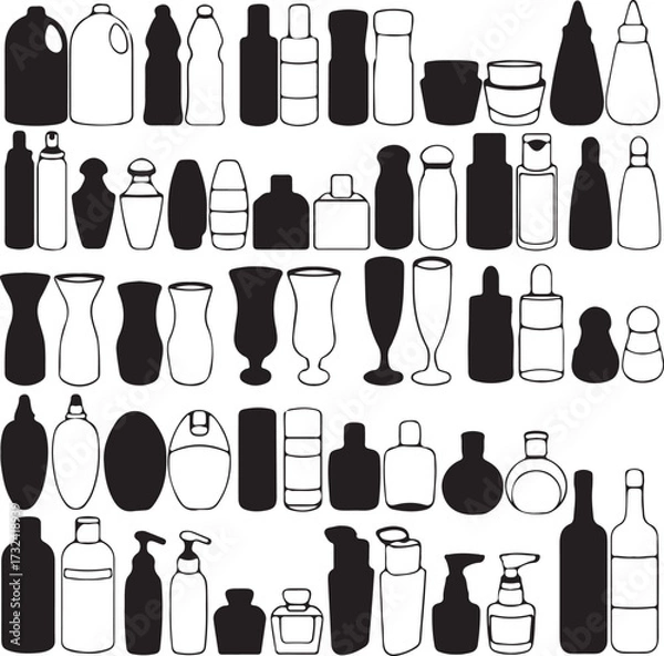 Fototapeta A Silhouette of bottle, containers. A Silhouette vector set of bottle, perfume, glass, containers
