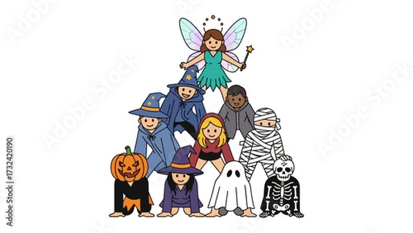 Fototapeta Halloween Fantasy: A colorful illustration of diverse people in Halloween costumes, including a witch, a ghost, and a mummy, embodies the spirit of the holiday, inviting us into a realm of fantasy.