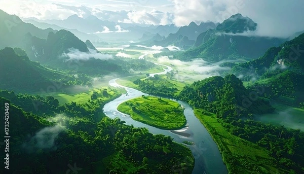 Obraz Lush green mountains and valleys are showcased, where a winding river flows gracefully through the landscape, reflecting a calming, serene atmosphere.