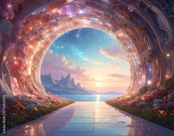 Obraz Beautiful, ethereal, and dreamlike scenery features a grand, arched portal leading to a stunning vista with ocean, mountains, and a glorious sunset sky, 