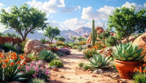 Obraz Sunny daytime landscape showcasing diverse desert flora, cacti, and vibrant wildflowers alongside a walking path, framed by a backdrop of majestic mountains under a bright, blue, partly cloudy sky.