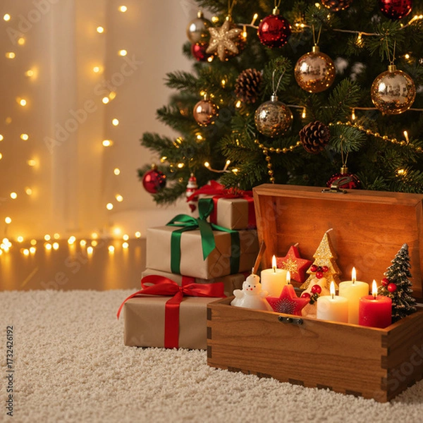 Fototapeta Open wooden box with decorative Christmas candles next to gifts under a Christmas tree (copy space)