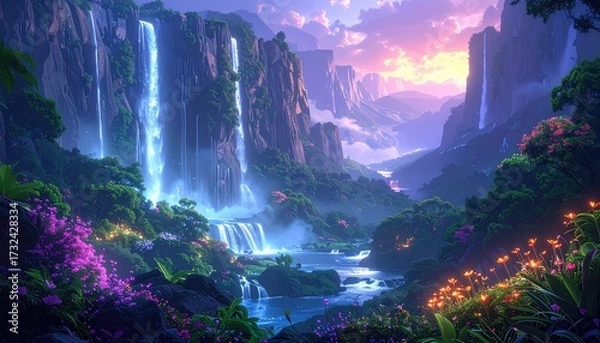 Obraz Majestic waterfalls cascade down towering cliffs, creating a vibrant and ethereal landscape filled with lush, blooming flora beneath a colorful, twilight sky, evoking a serene and imaginative...