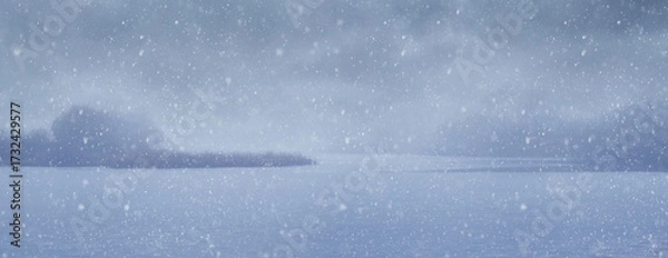 Fototapeta A panoramic winter landscape with a frozen river and islands, creating an atmosphere of cold, tranquility, and solitude