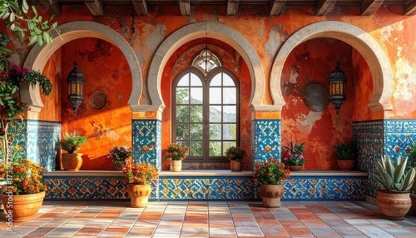 Obraz Beautifully designed outdoor space featuring ornate arches, vibrant orange walls with textured details, and elegant lantern lights.