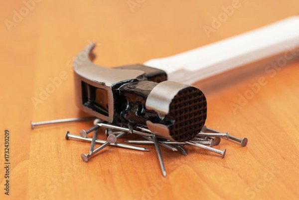 Fototapeta A hammer lies on a pile of construction nails on a wooden table, symbolizing manual labor and tools for construction and repair