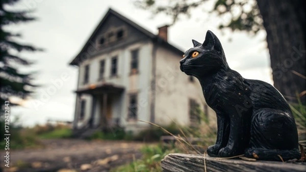 Fototapeta Black Cat Figurine in Front of Spooky Abandoned House