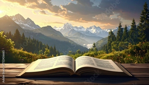 Obraz Open book rests on a wooden surface, offering a tranquil scene of majestic mountains, verdant forests, and a captivating sky filled with beautiful clouds, creating a picturesque and serene moment...