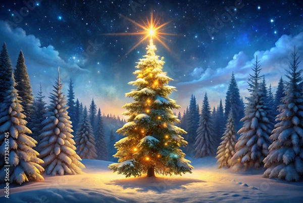 Fototapeta Illuminated Christmas tree in a snowy forest under a starry night sky graphic design isolated on a transparent background