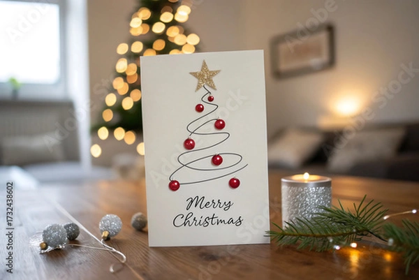 Fototapeta Merry Christmas card with minimalist tree and festive decorations on wooden table greeting isolated on a transparent background