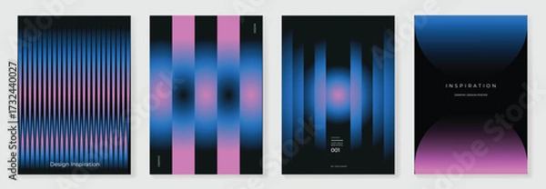 Obraz Modern gradient poster on dark background vector set. Minimalist cover template with vibrant perspective geometric prism shapes in motion. Ideal design for social media, cover, banner, flyer.