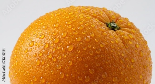 Fototapeta Naranja fresca y jugosa con gotas de agua reluciendo intensamente bajo una luz de estudio clara
