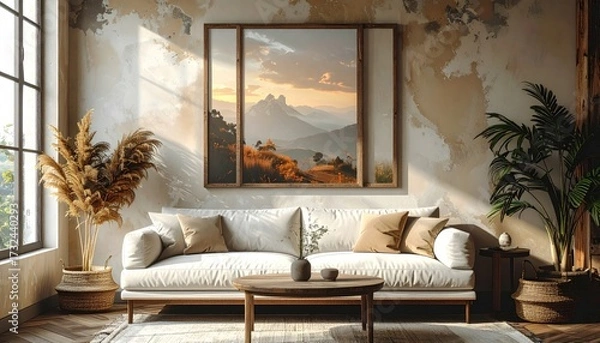 Obraz The interior design presents a cozy living room with a neutral palette, featuring a cream-colored sofa adorned with throw pillows, 