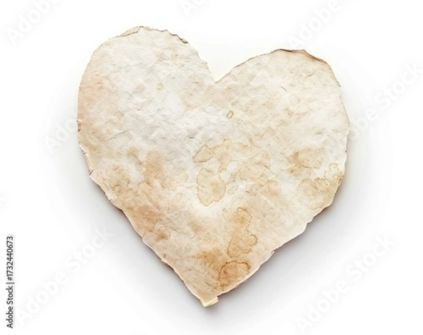 Fototapeta A heart-shaped piece of aged, off-white paper with brown stains and uneven edges, photographed against a clean white background