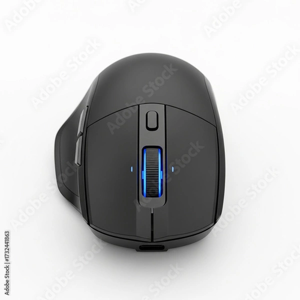 Fototapeta Black Wireless Computer Mouse with Blue Scroll Wheel Light