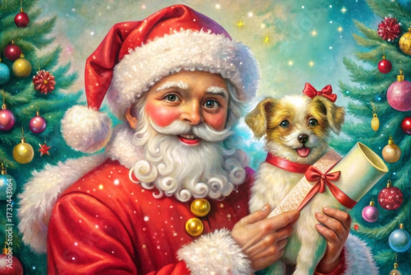 Fototapeta Santa Claus holding a small puppy with a red bow in front of a decorated Christmas tree Father Christmas isolated on a transparent background
