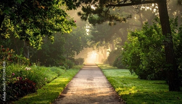 Obraz A picturesque pathway winds through a verdant park, framed by lush trees and vibrant greenery, bathed in soft morning light, creating a serene and inviting landscape with a touch of mist.