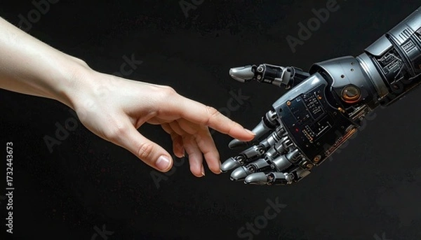 Fototapeta A human hand and a robotic hand reach out to touch fingertips against a dark background, symbolizing connection between humanity and technology