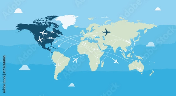 Obraz Global Air Travel Network Connecting Continents with Airplanes.