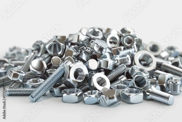 Fototapeta A large pile of shiny metallic nuts and bolts sits on a light gray surface.  The various fasteners are scattered haphazardly, showcasing their reflective surfaces