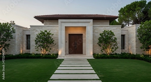 Obraz Modern Single Story House with Stone Facade and Landscaping