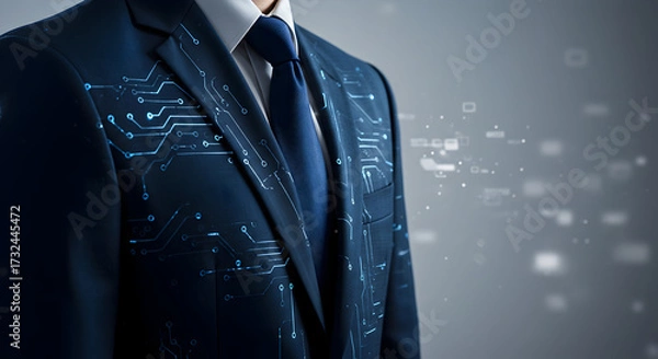 Fototapeta Digital circuitry intricately woven into the fabric of a suit jacket, symbolizing AI in professional wear