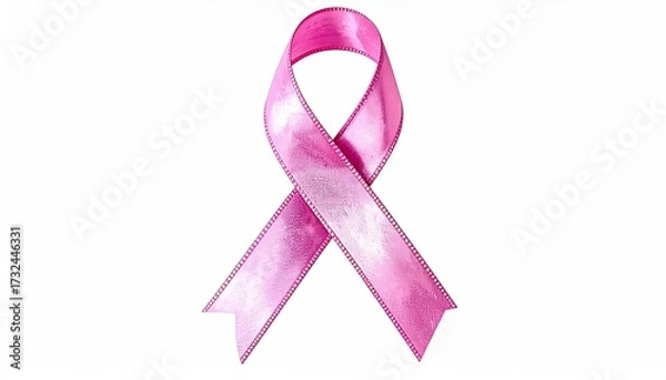Fototapeta A light pink awareness ribbon, tied in a classic bow, is presented against a stark white backdrop.  Its sheen suggests a satin or silk-like texture