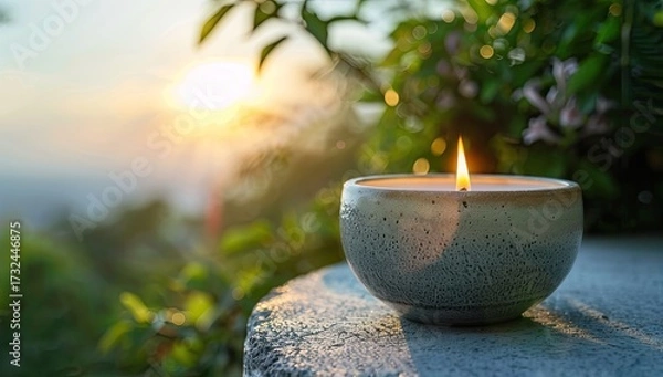 Fototapeta A lit candle in a rustic bowl sits on a stone surface outdoors, bathed in the warm glow of a setting sun with a blurred background of lush greenery