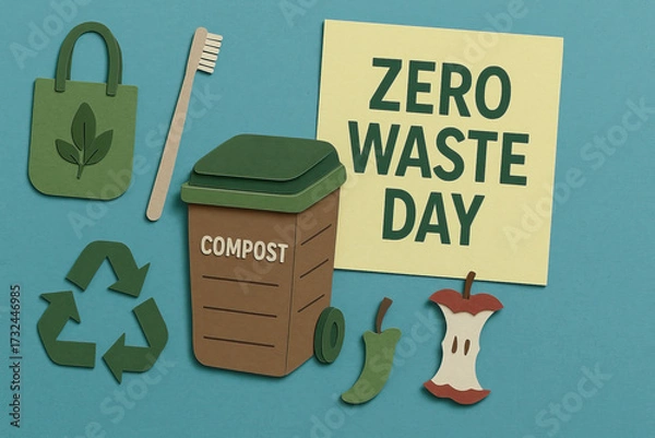 Fototapeta Zero waste day compost bin with food scrap, recycling symbol, reusable tote, bamboo toothbrush and apple core promoting sustainable lifestyle and environmental conservation