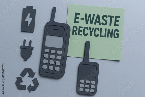 Fototapeta E waste recycling concept with cutout mobile phone, battery, plug and recycling symbol arranged on paper background conveying sustainable electronic disposal and environmental awareness