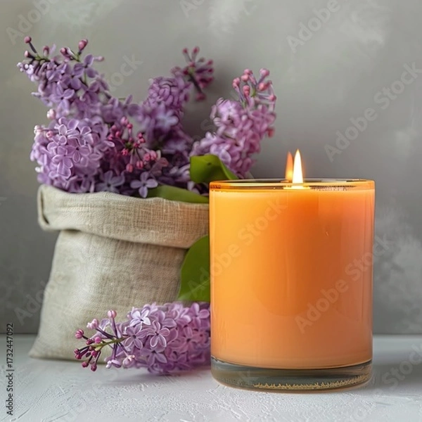 Fototapeta A lit orange candle sits beside a burlap sack of lilac blossoms on a light grey surface