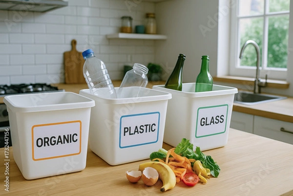 Fototapeta Recycling bin set with organic waste plastic bottles and glass bottles on kitchen counter showing sustainable household sorting and composting practice
