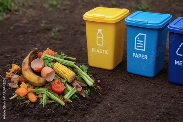 Fototapeta Compost pile with fruit peel, vegetable scraps and eggshell beside labeled recycling bins for plastic and paper, eco conscious scene promoting waste separation and organic composting