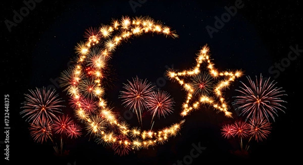 Fototapeta Digital fireworks bursting into the shape of a crescent and star