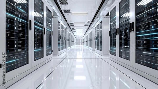 Fototapeta A long, brightly lit server room with rows of tall, sleek server cabinets on either side, and a highly polished floor reflecting the light