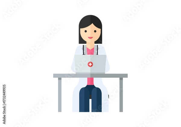 Obraz Female doctor with laptop working at her desk offering medical assistance for telemedicine or remote patient care during online consultation in a clinic or healthcare facility