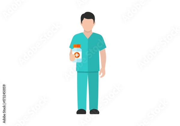 Fototapeta Healthcare professional doctor in scrubs holding medication bottle offers help for patients well being and recovery