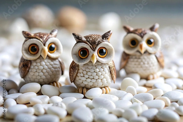 Fototapeta Three cute owl figurines with big eyes sitting on white pebbles small miniature isolated on a transparent background