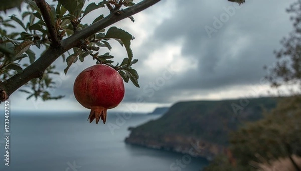 Obraz A single, vibrant pomegranate hangs from a branch overlooking a dramatic coastal landscape.
