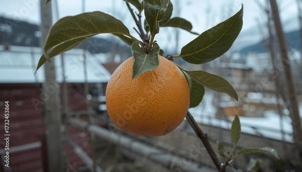 Obraz Close-up of a vibrant orange fruit hanging from a branch, surrounded by greenery and a backdrop of winter scenery.