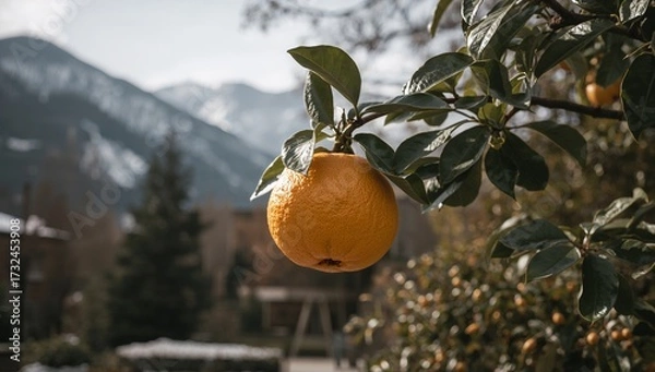 Obraz A ripe, vibrant orange hangs from a branch against a backdrop of snow-capped mountains and a picturesque town.