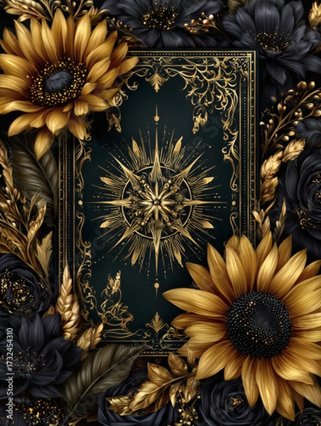 Fototapeta Gilded tarot card “The Sun” with sunflowers and ornate black floral frame