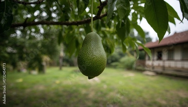 Obraz A ripe avocado hangs from a tree branch, showcasing a vibrant green hue against a blurred background of lush greenery and a rustic wooden home.