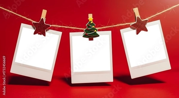 Obraz Three blank christmas photo cards hanging on a twine line