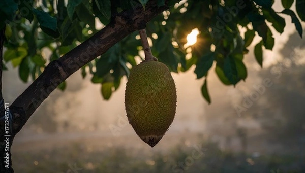 Fototapeta A jackfruit hangs from a branch at sunrise, bathed in soft morning light.
