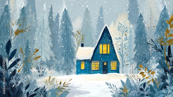 Fototapeta Cozy blue house with glowing yellow windows, nestled in a snowy forest of tall trees. Snow is falling, creating a peaceful and magical atmosphere. Charming winter landscape. Generative AI