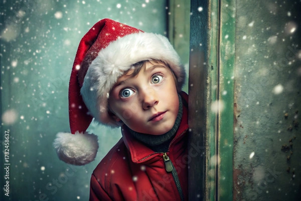 Fototapeta Young Boy Wearing Santa Hat Peeking Around a Corner in Falling Snow child christmas isolated on a transparent background