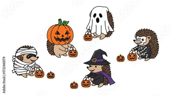 Obraz Hedgehog Halloween Delight: A charming illustration showcasing a gathering of adorable hedgehogs in Halloween costumes, each bearing a tiny jack-o'-lantern, perfect for spooky festive scenes.
